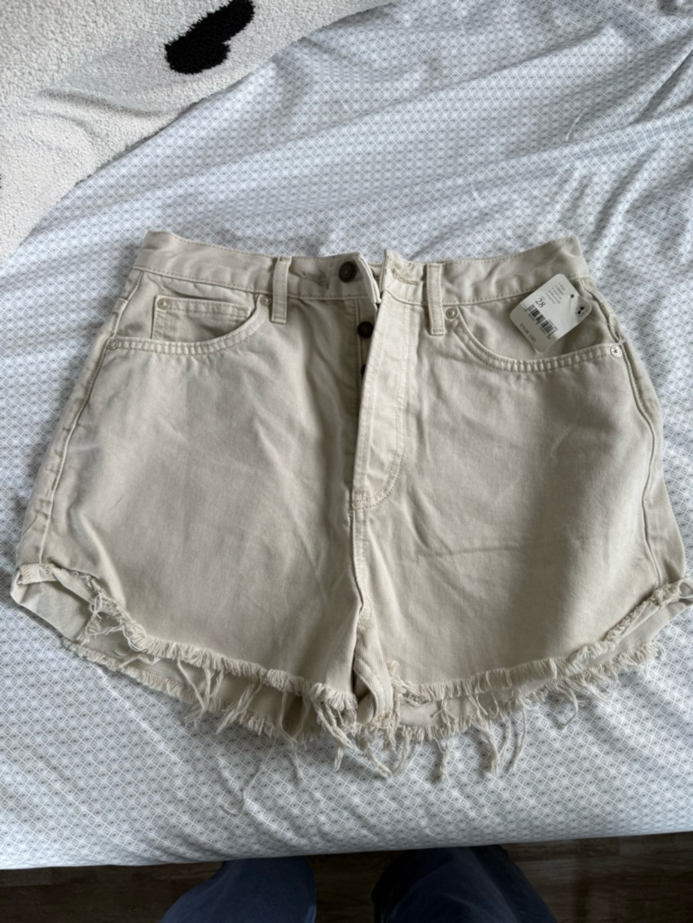 We The Free Cream High-Rise Frayed Hem Denim Shorts